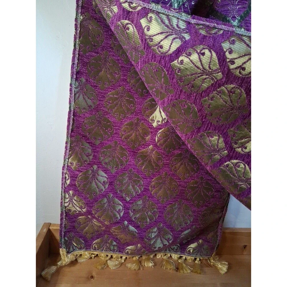 Table Cloth Runner Purple Gold Peacock Tail Turkish W Tassels ~16x52